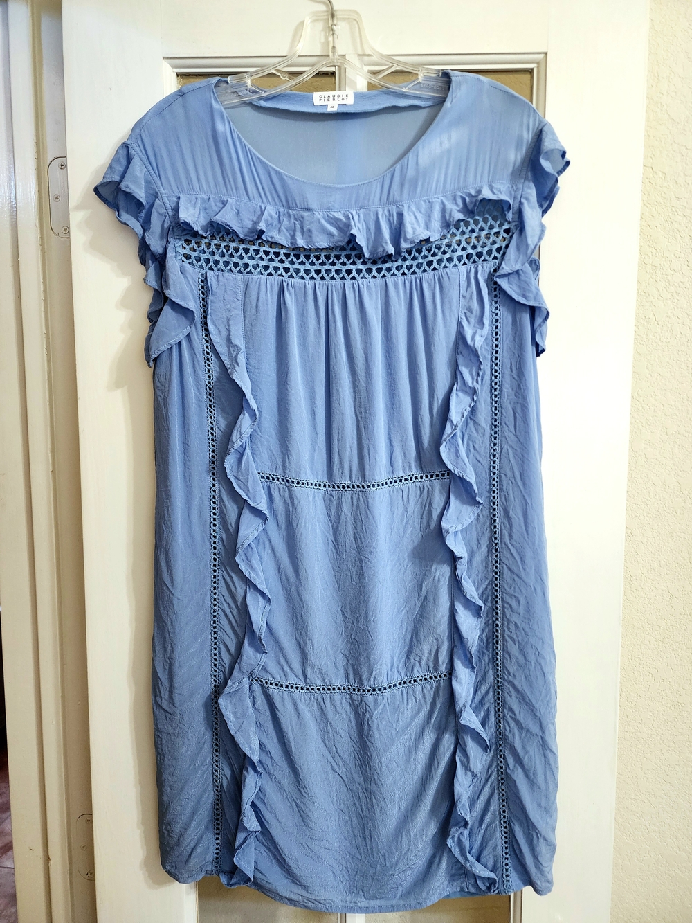 Claudie Pierlot RIMA Blue Ruffle Crochet Lace Dress FR 40 US 8 - Picture 2 of 13